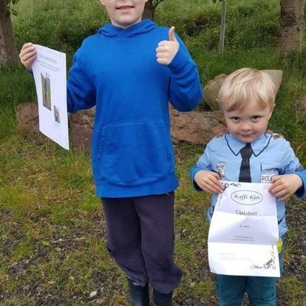 Hermann og Styrmir ánægðir með fyrstu verðlaun í póstkassaskreytingu